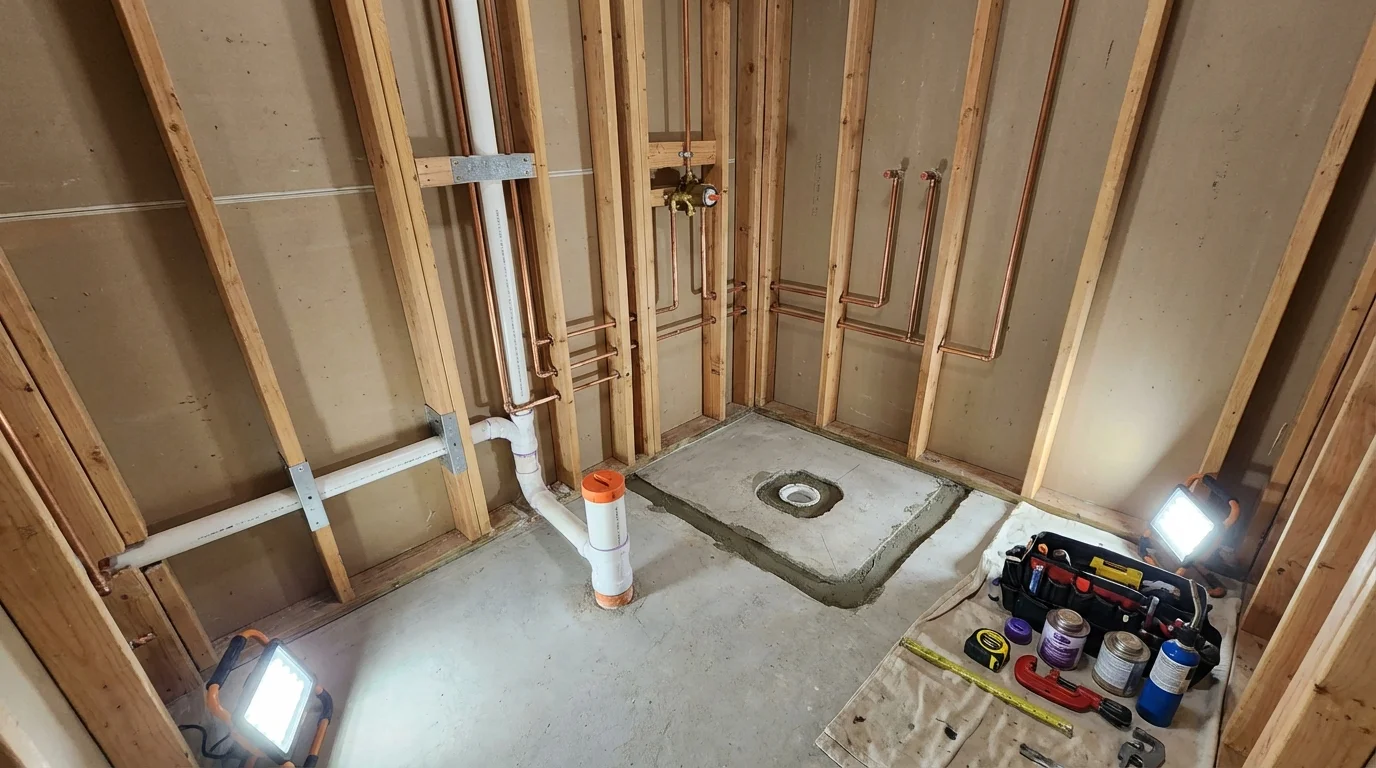 Bathroom rough-in plumbing during remodel by Johns Plumbing LLC in Idyllwild