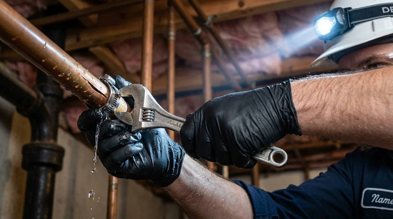Emergency pipe clamp repair being performed by a Johns Plumbing LLC plumber in Idyllwild