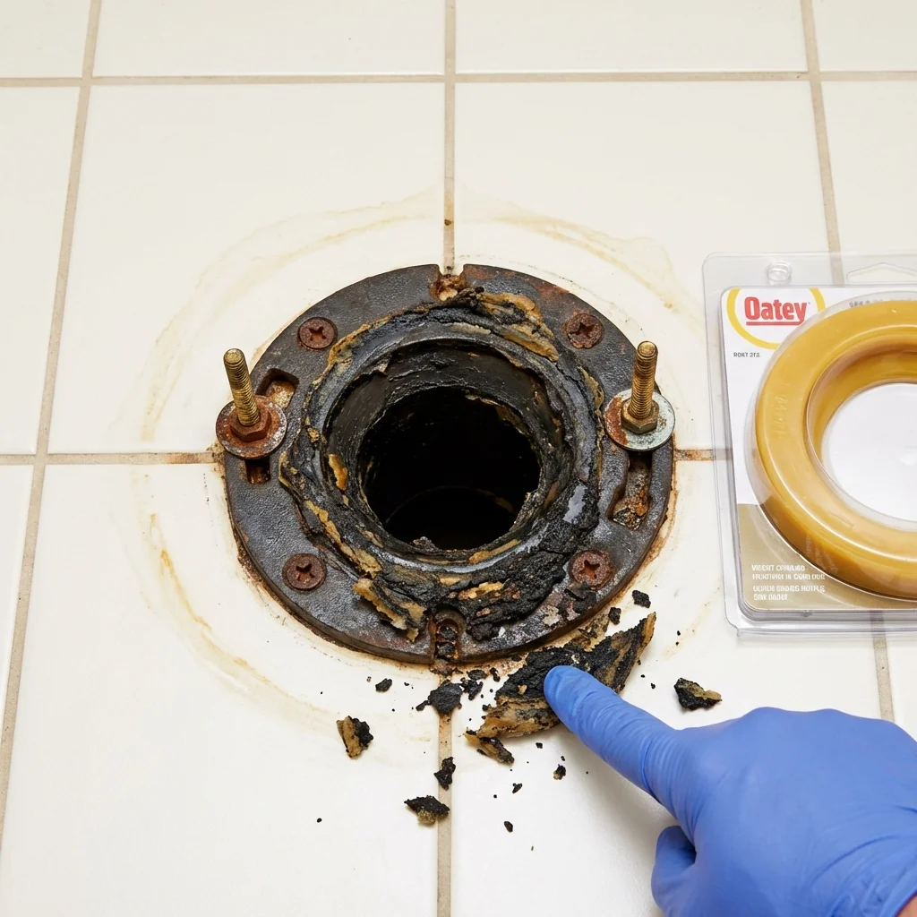 Failed wax ring showing water seepage at the base of a toilet in a Idyllwild, CA home