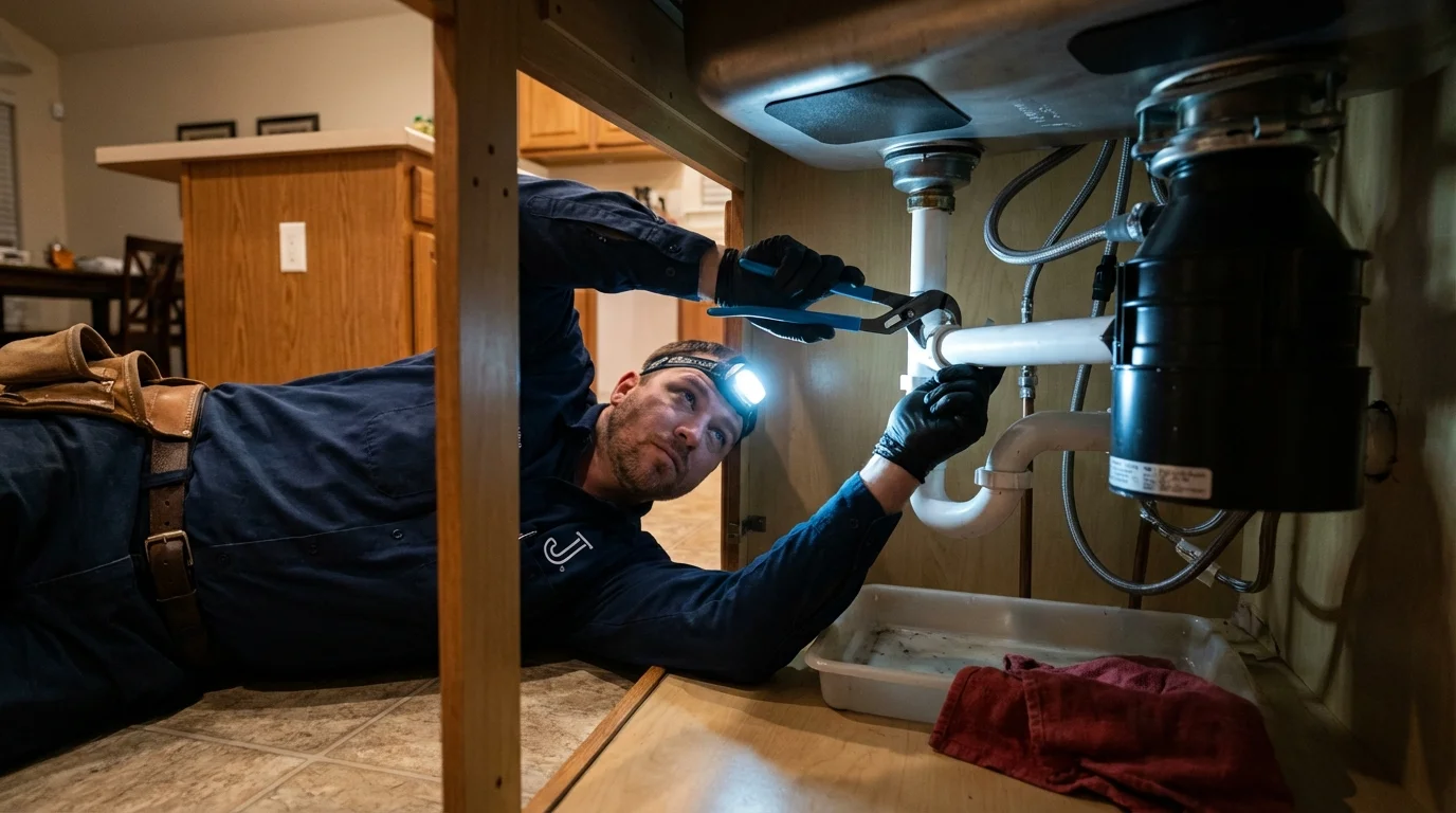 P-trap and supply line connections under a kitchen sink showing a common leak point in Idyllwild, CA